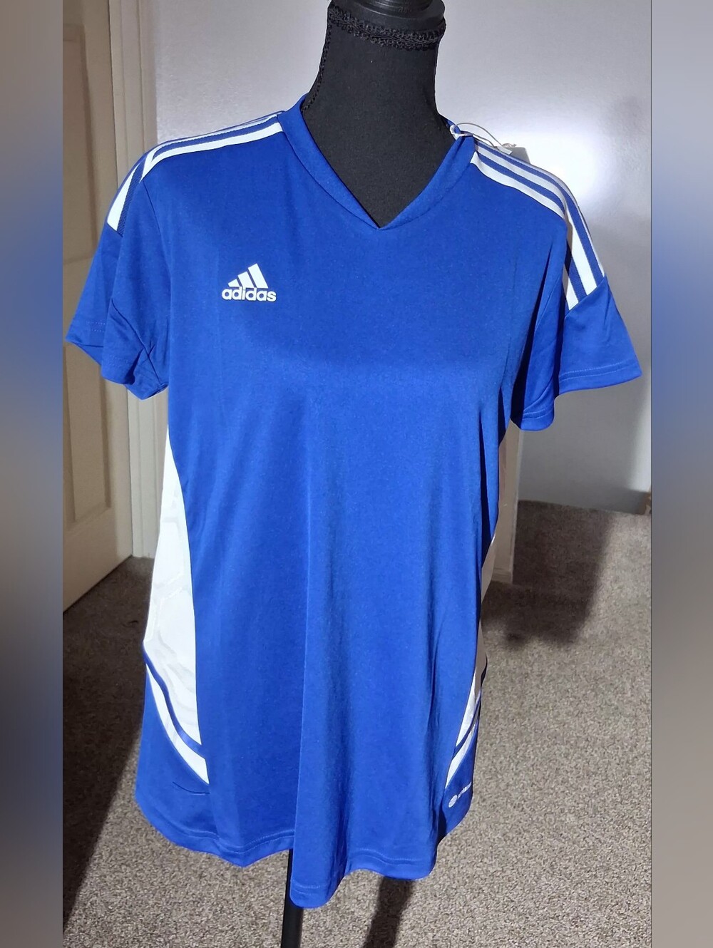 Adidas Royal Blue Aeroready V-Neck Performance Tee with White Accents